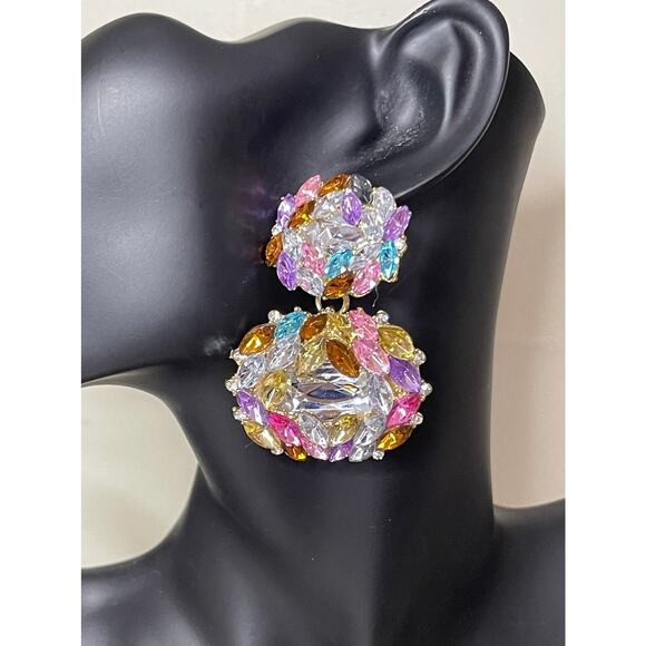 NEW Earrings Chunky Pastel Pink Purple Rhinestone Statement Chandelier m - Picture 1 of 6